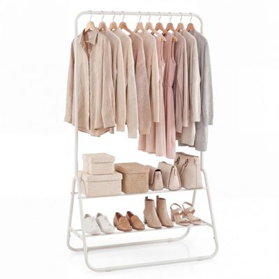 SUGIFT Heavy Duty Clothes Rack with Hanging Rod and 2 Storage Shelves Freestanding Garment Organizer