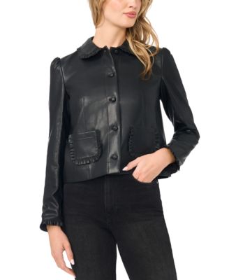 CeCe Women's Ruffle-Trim Puff-Shoulder Faux Leather Jacket