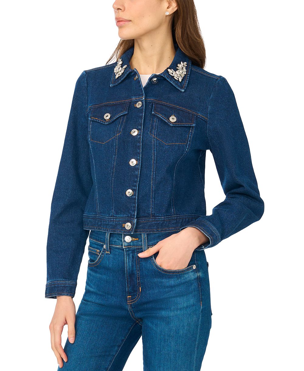 CeCe Women's Crystal Collar Puff Sleeve Cropped Denim Jacket
