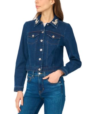 CeCe Women's Crystal Collar Puff Sleeve Cropped Denim Jacket