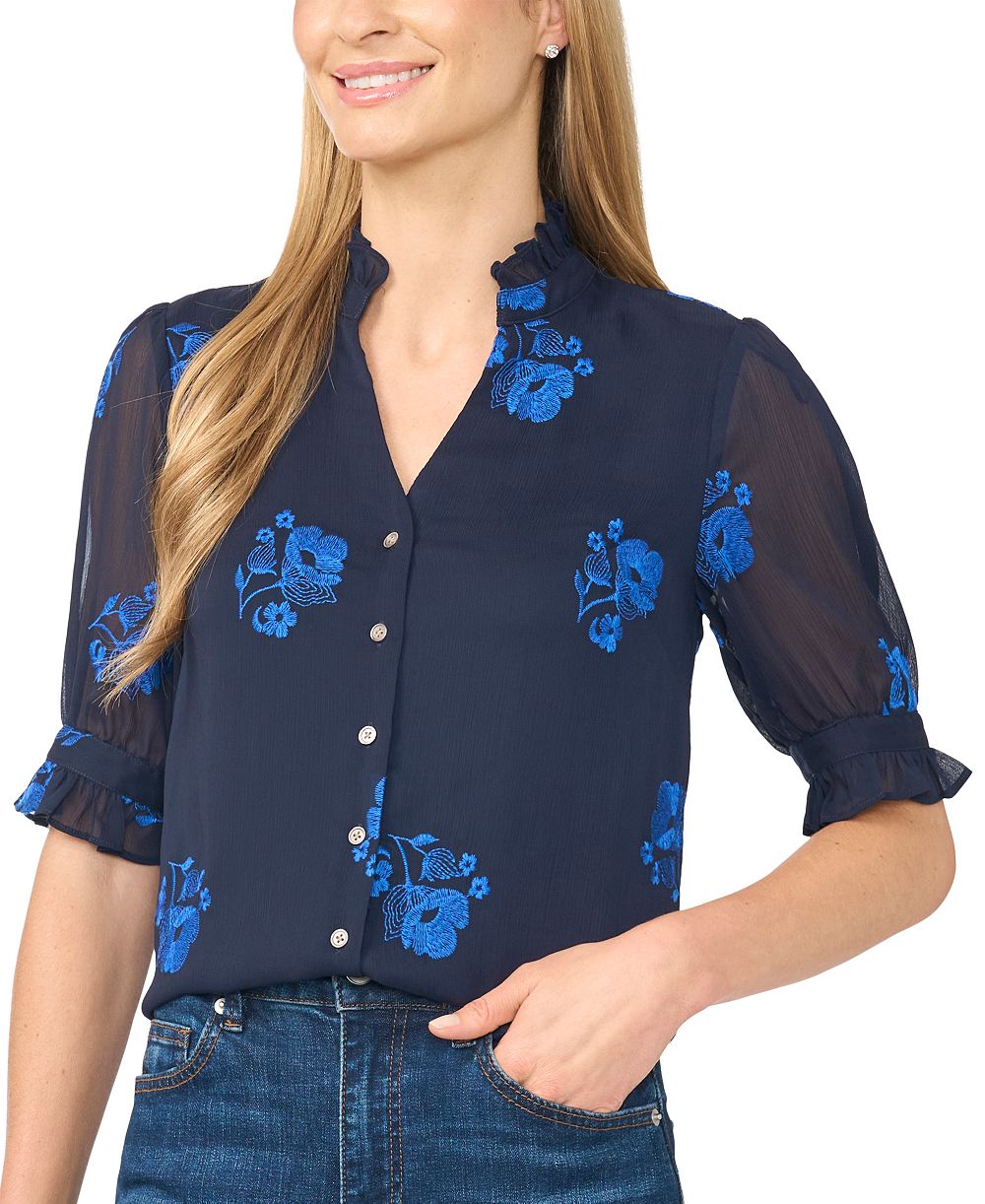 CeCe Women's Floral-Embroidery V-Neck Elbow-Length Sleeve Button-Down Blouse