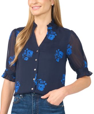 CeCe Women's Floral-Embroidery V-Neck Elbow-Length Sleeve Button-Down Blouse