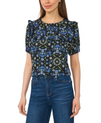 CeCe Women's Puff Sleeve Yoke Floral-Print Blouse