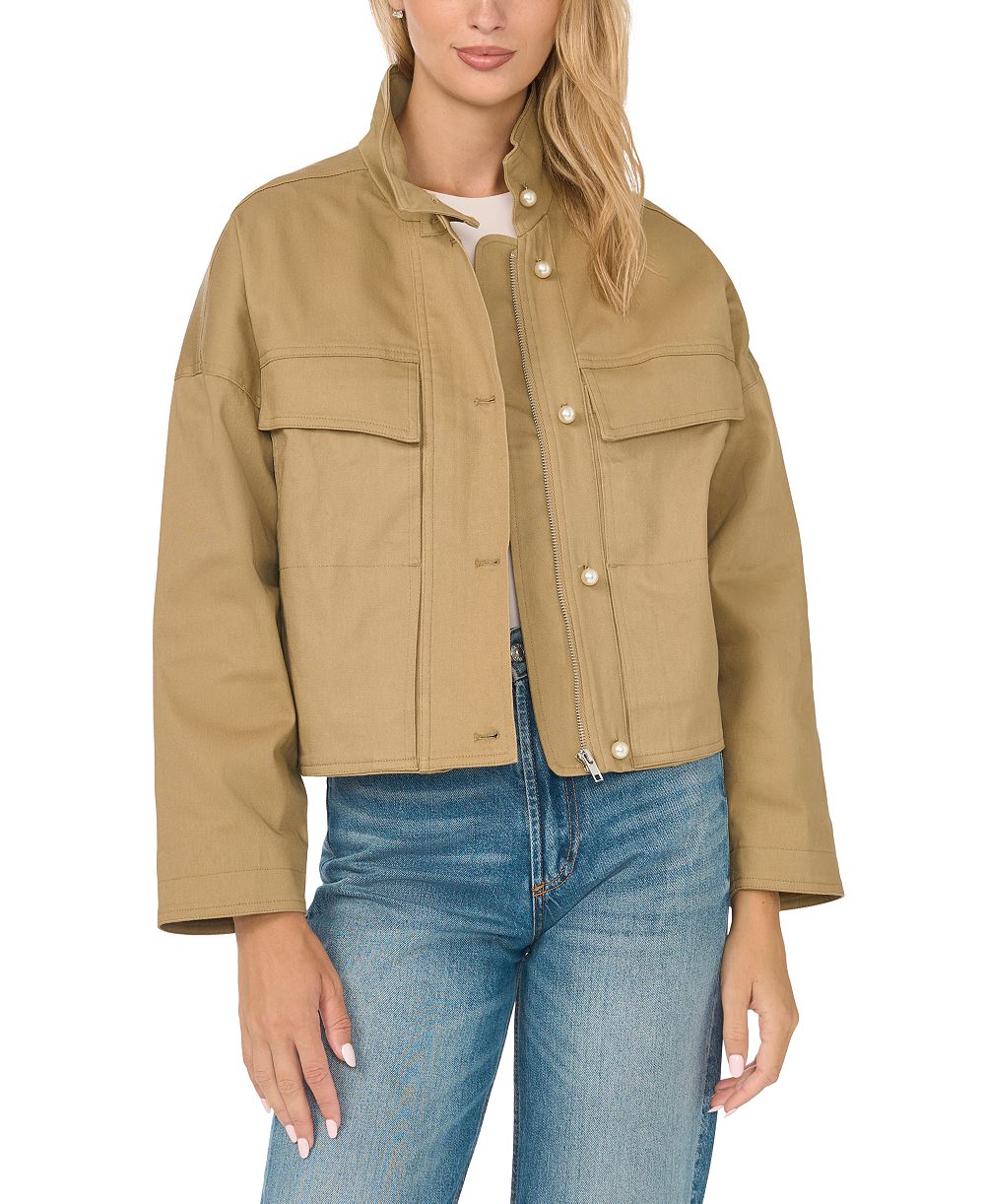 CeCe Women's Cargo Style Short Long-Sleeve Jacket with Imitation Pearl Details