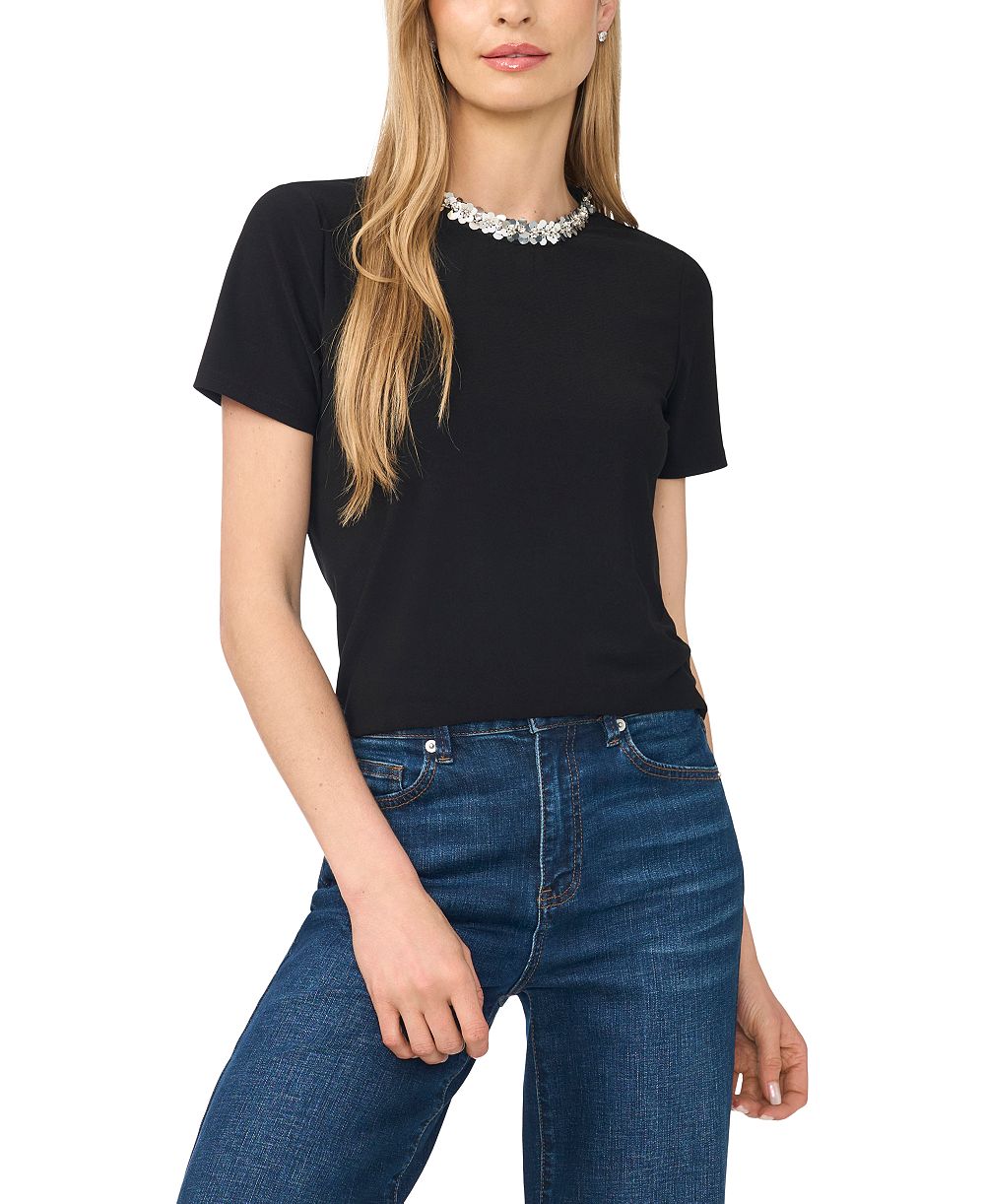 CeCe Women's Short-Sleeve Sequin Crewneck T-Shirt