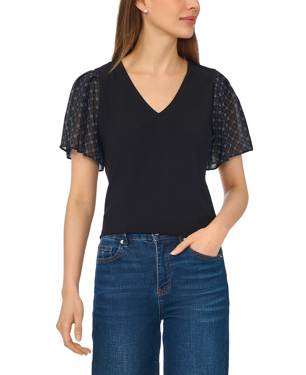 CeCe Women's V-Neck Flutter Short-Sleeve Chiffon Blouse