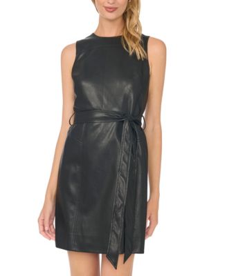 CeCe Women's Faux Leather Tie Waist Crewneck Dress