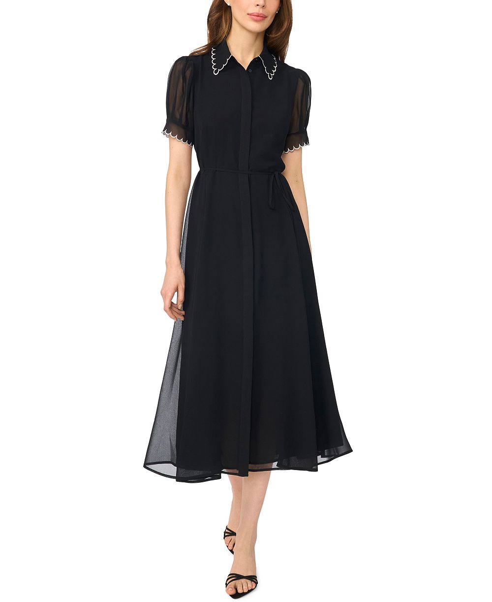 CeCe Women's Contrast Stitch Short-Sleeve Scallop Midi Dress with Tie Waist