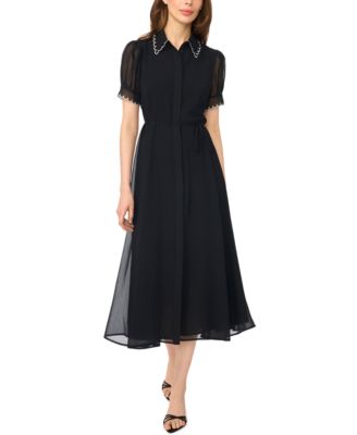 CeCe Women's Contrast Stitch Short-Sleeve Scallop Midi Dress with Tie Waist