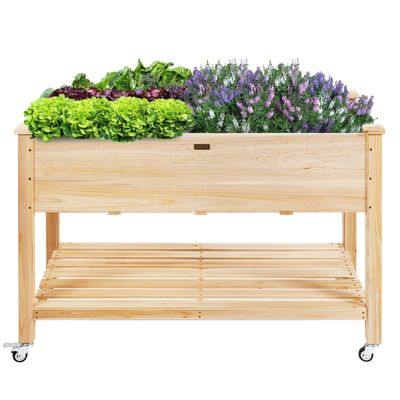 SUGIFT Wood Elevated Planter Bed with Lockable Wheels Shelf and Liner