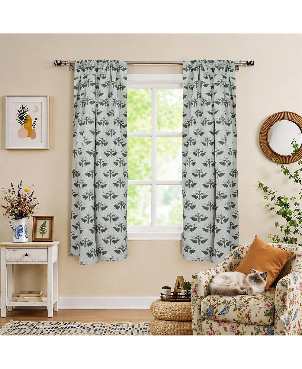 Fabdivine Chahat Handmade Block Print Floral Linen Curtains