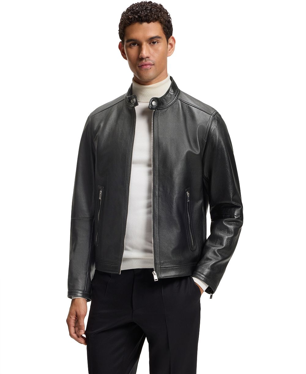 BOSS by Hugo Boss Men's Grained-Leather Regular-Fit Motorcycle Jacket