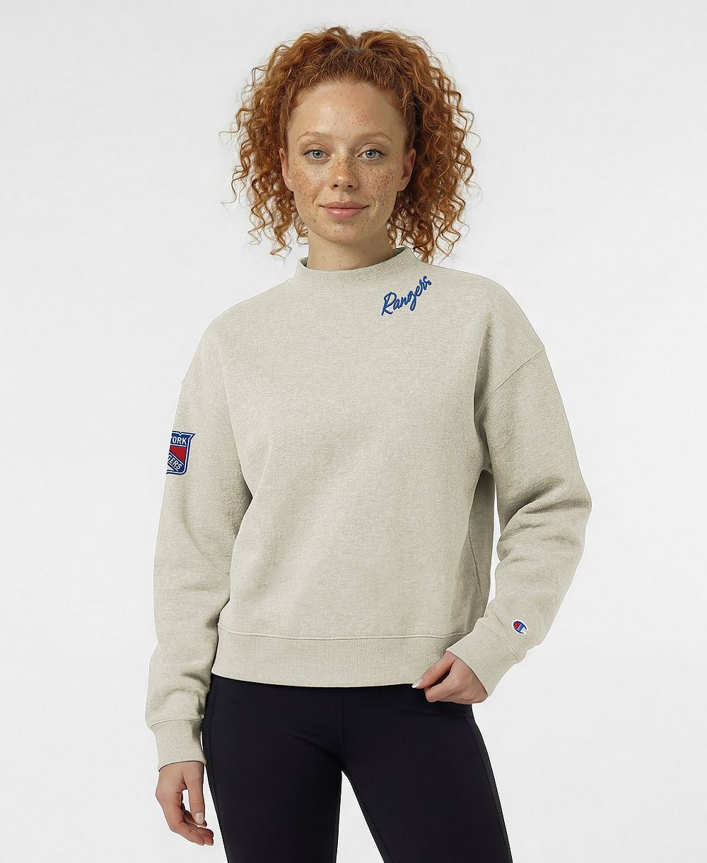 Champion Women's New York Rangers Collar Script Triumph Fleece Relaxed-Fit Crewneck Sweatshirt