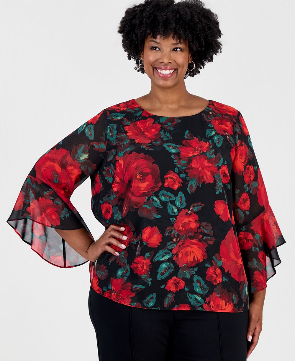 Kasper Plus Size Ruffle 3/4-Sleeve Blouse
