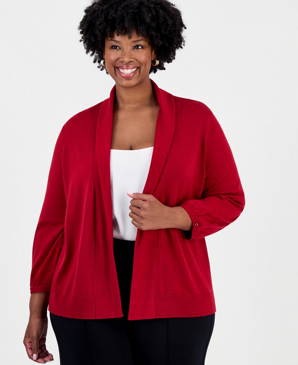 Kasper Plus Size Kissing Front Shawl-Collar Lightweight Cardigan