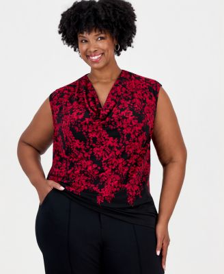 Kasper Plus Size Cowl-Neck Cap-Sleeve Floral Blouse