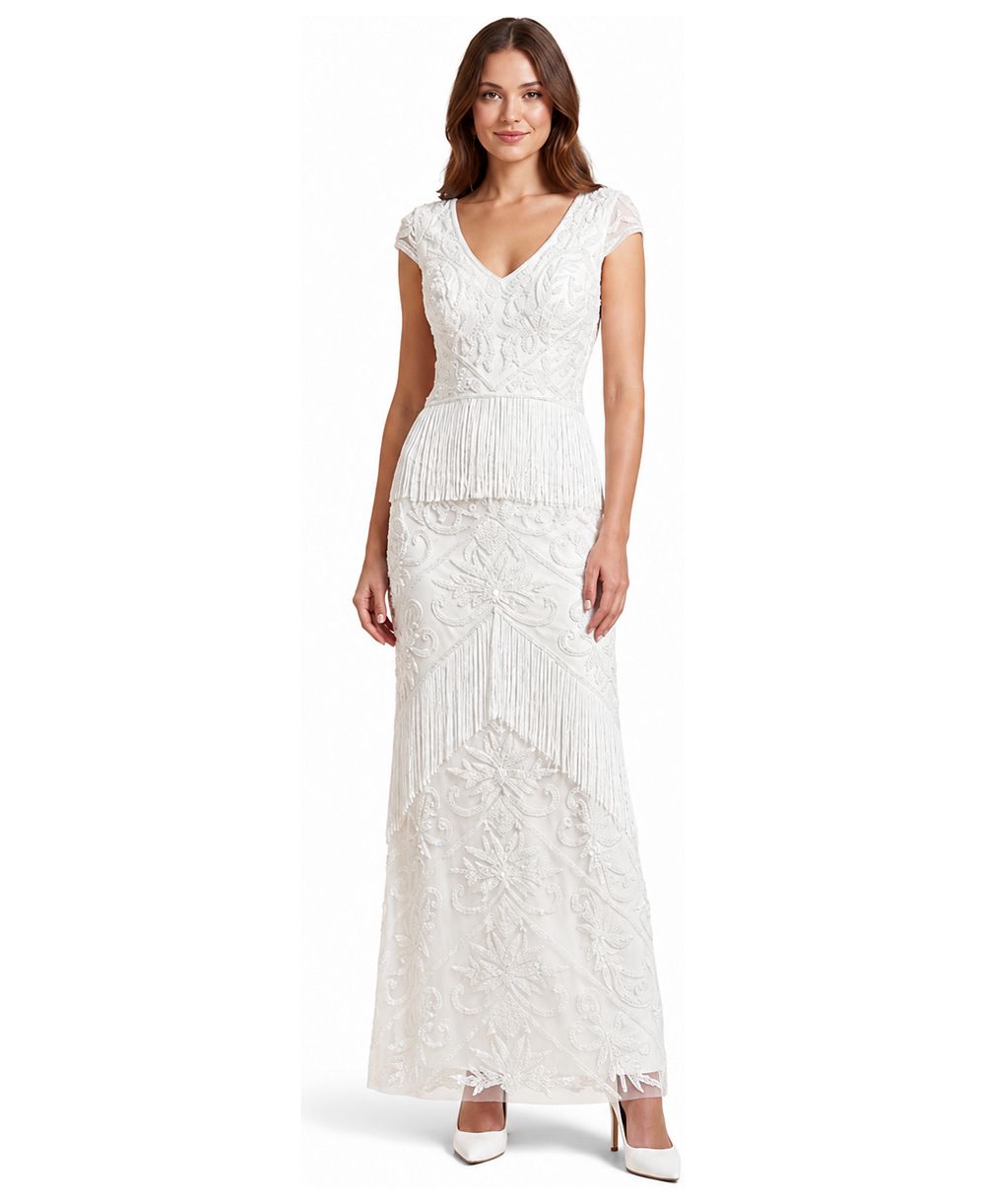 Женское свадебное платье Lara Cap Sleeve Beaded Gown with Fringe