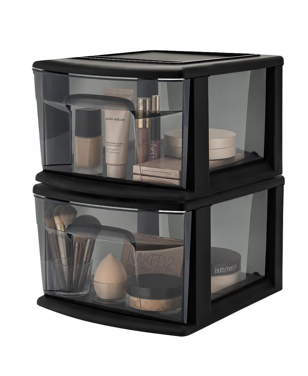 Homz Plastic 1 Drawer Medium Storage Cart, Black Frame with Smoke Drawer, 2 Pack