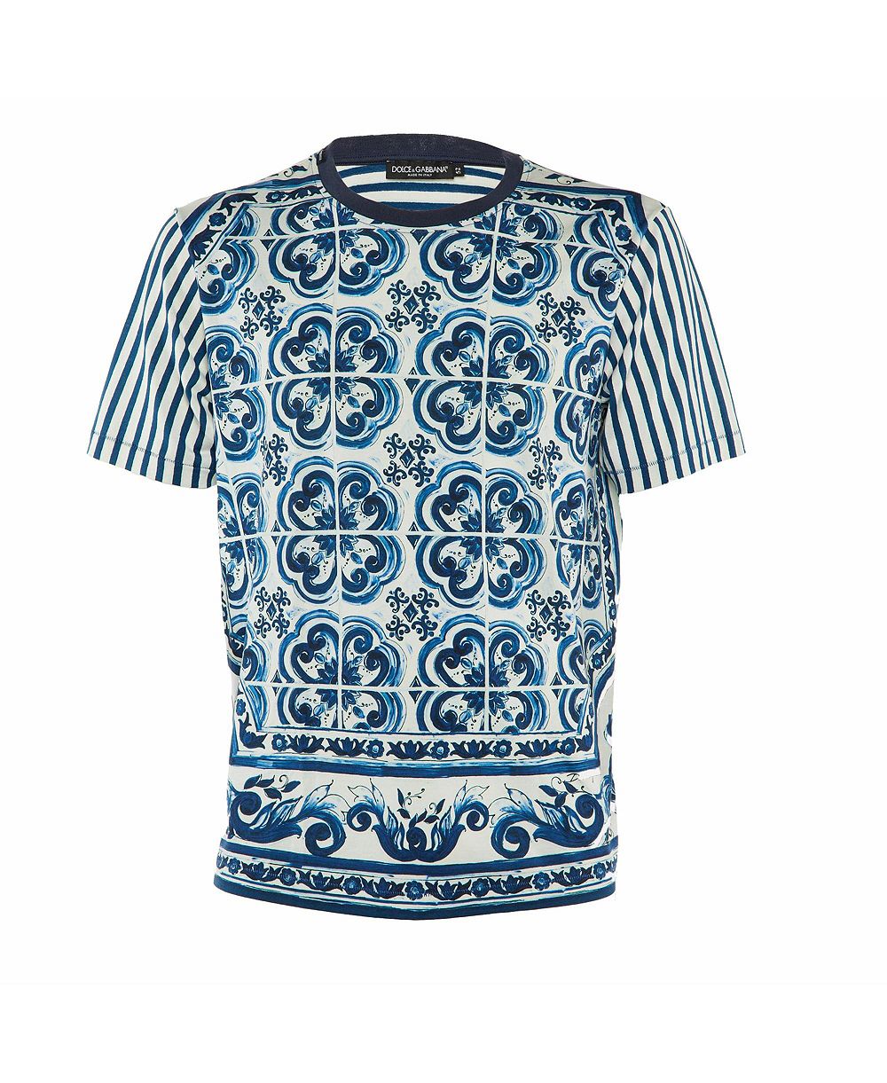 Женская хлопковая футболка Pre-Owned Dolce & Gabbana с принтом Majolica и полосками