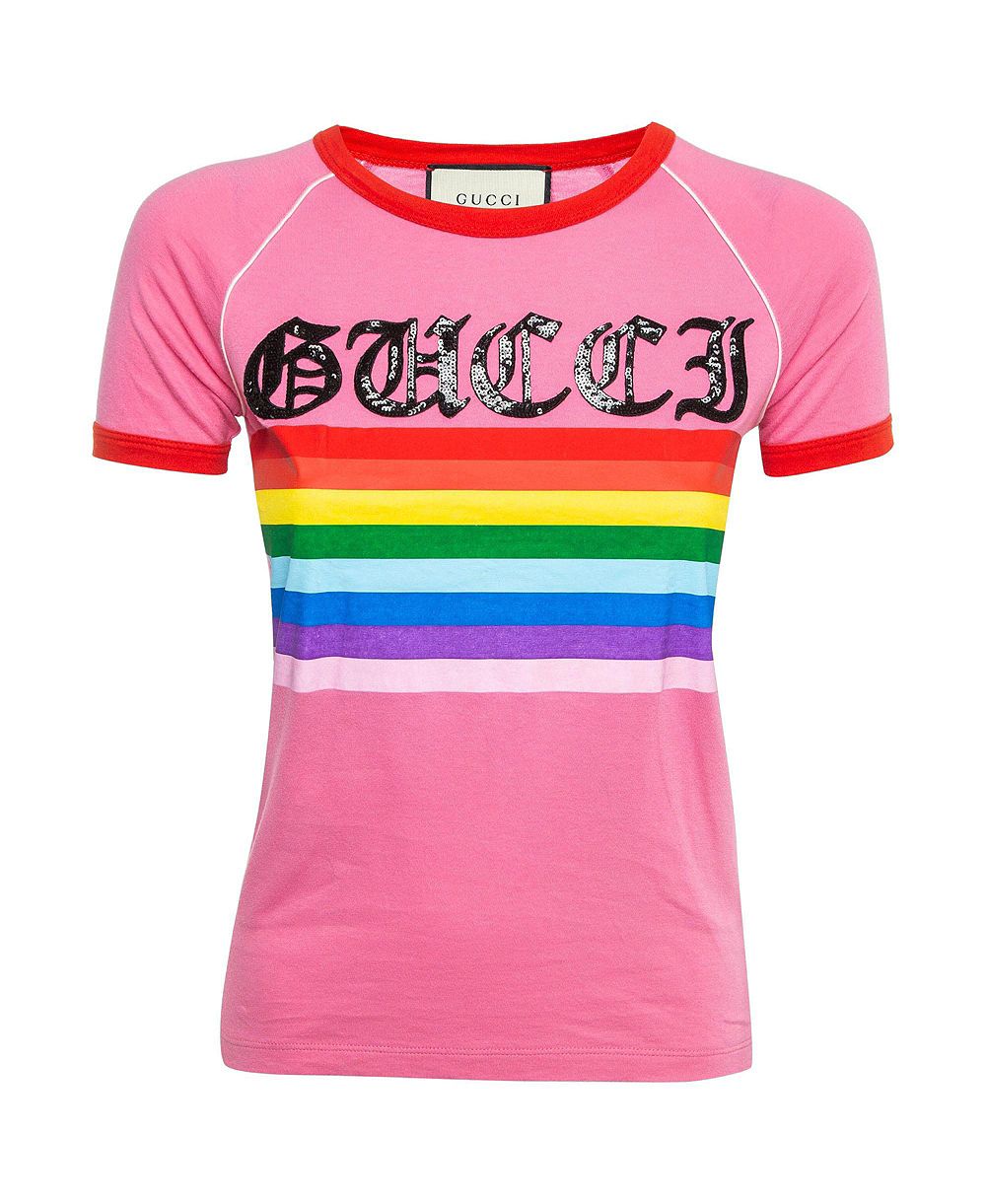Pre-Owned Gucci Women's Rainbow Stripe Sequin Logo T-Shirt