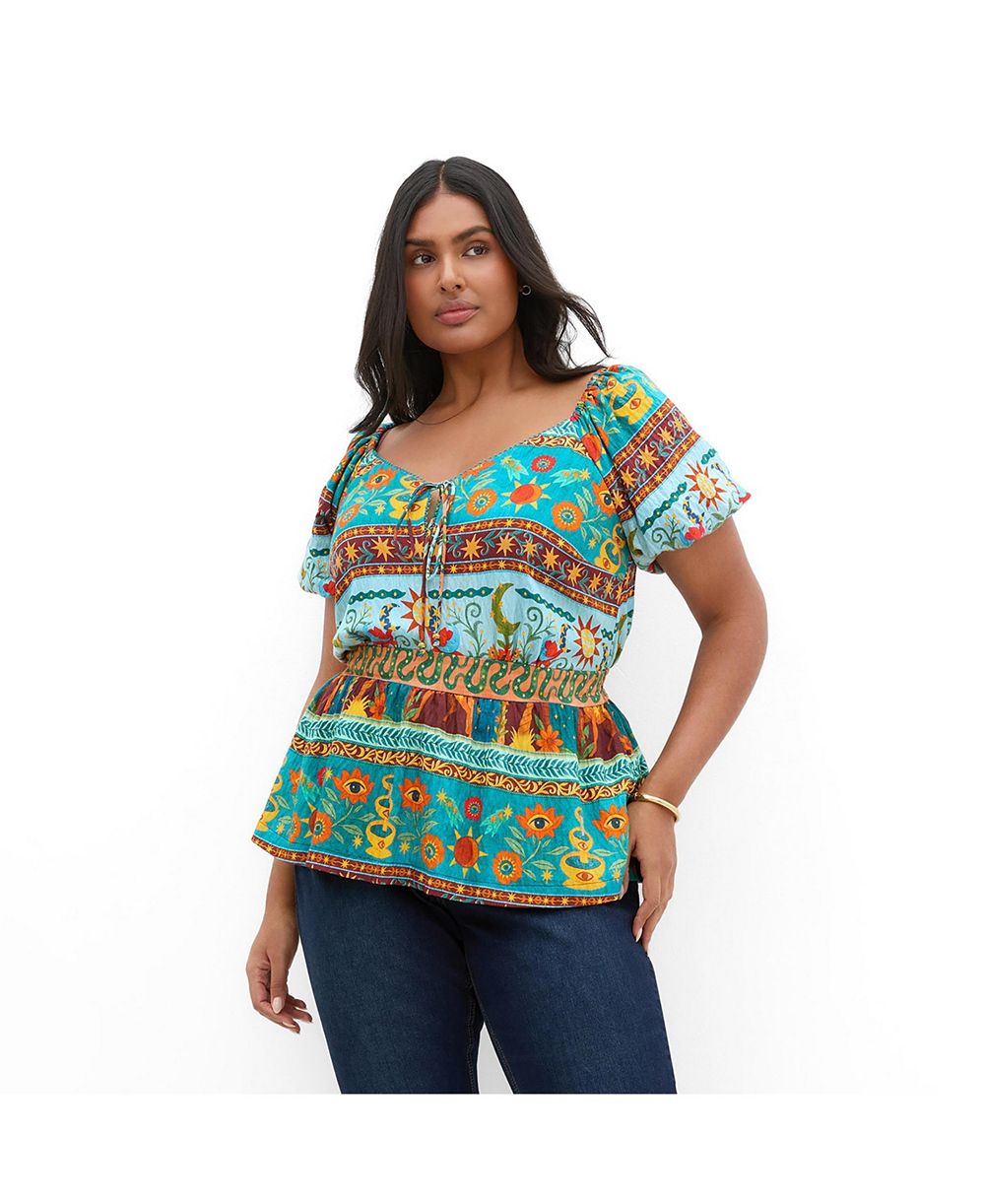 CITY CHIC Plus Size Amaria Puff-Sleeve Print Tie-Front Top