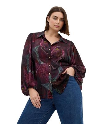 CITY CHIC Plus Size Piper Floral-Print Long-Sleeve Collared Blouse