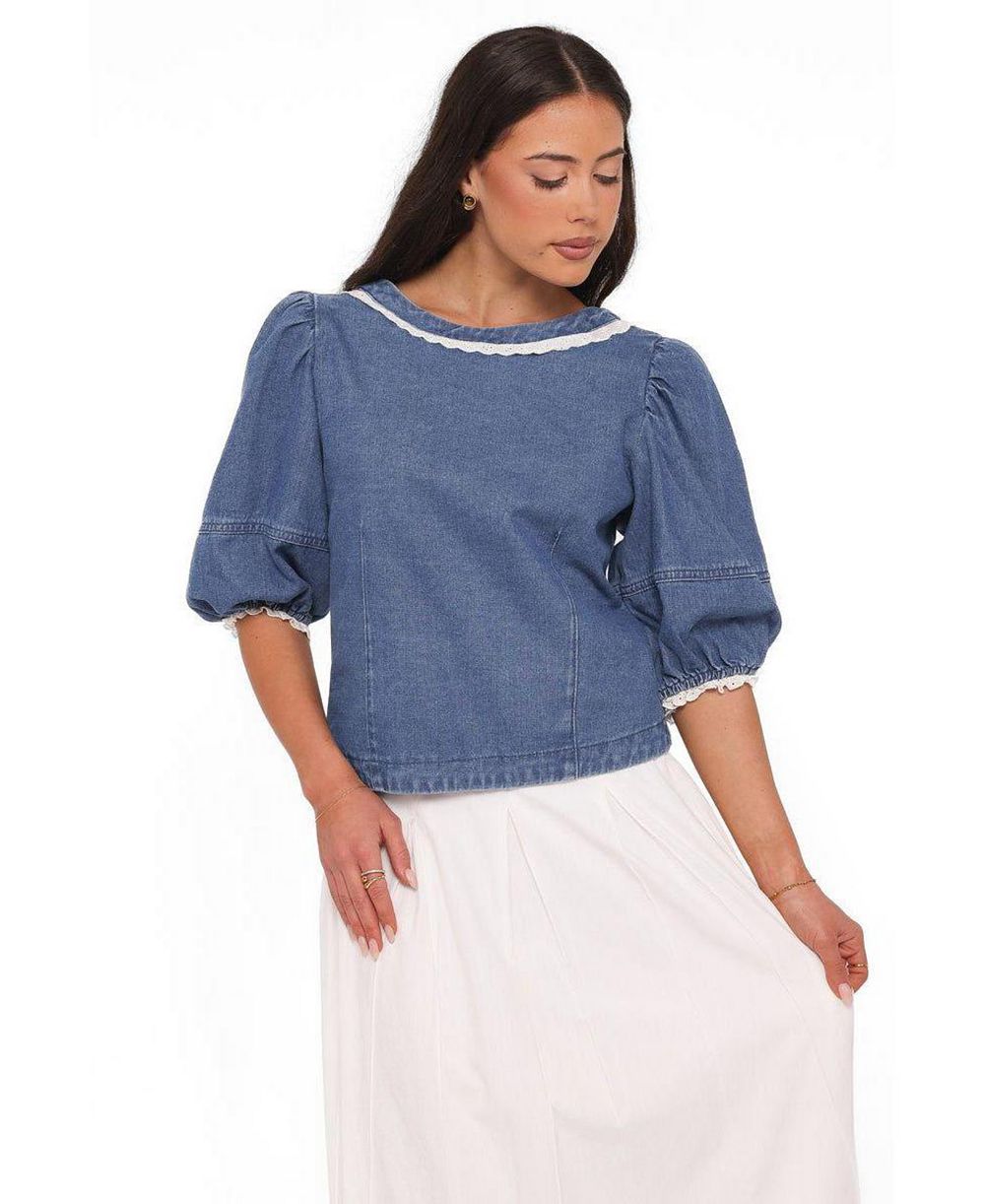 Petal and Pup Женский топ Merli Denim Open-Back Puff-Sleeve