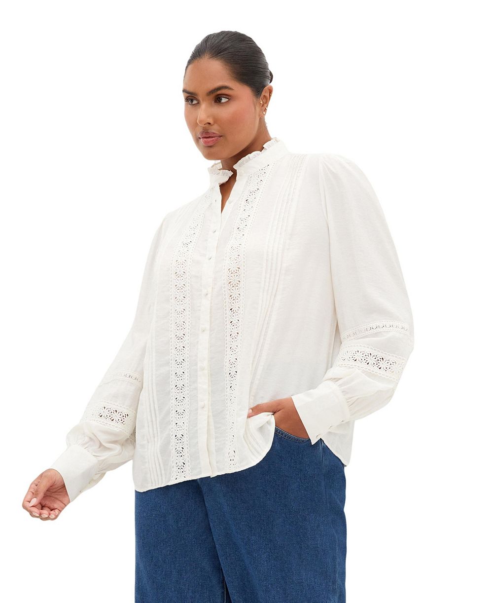 CITY CHIC Plus Size Whimsical High-Neck Embroidered Long-Sleeve Shirt