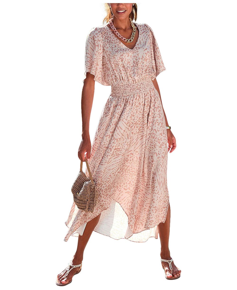 LASCANA Women's Printed Flowy Flutter Fit-and-Flare V-Neck Maxi Dress