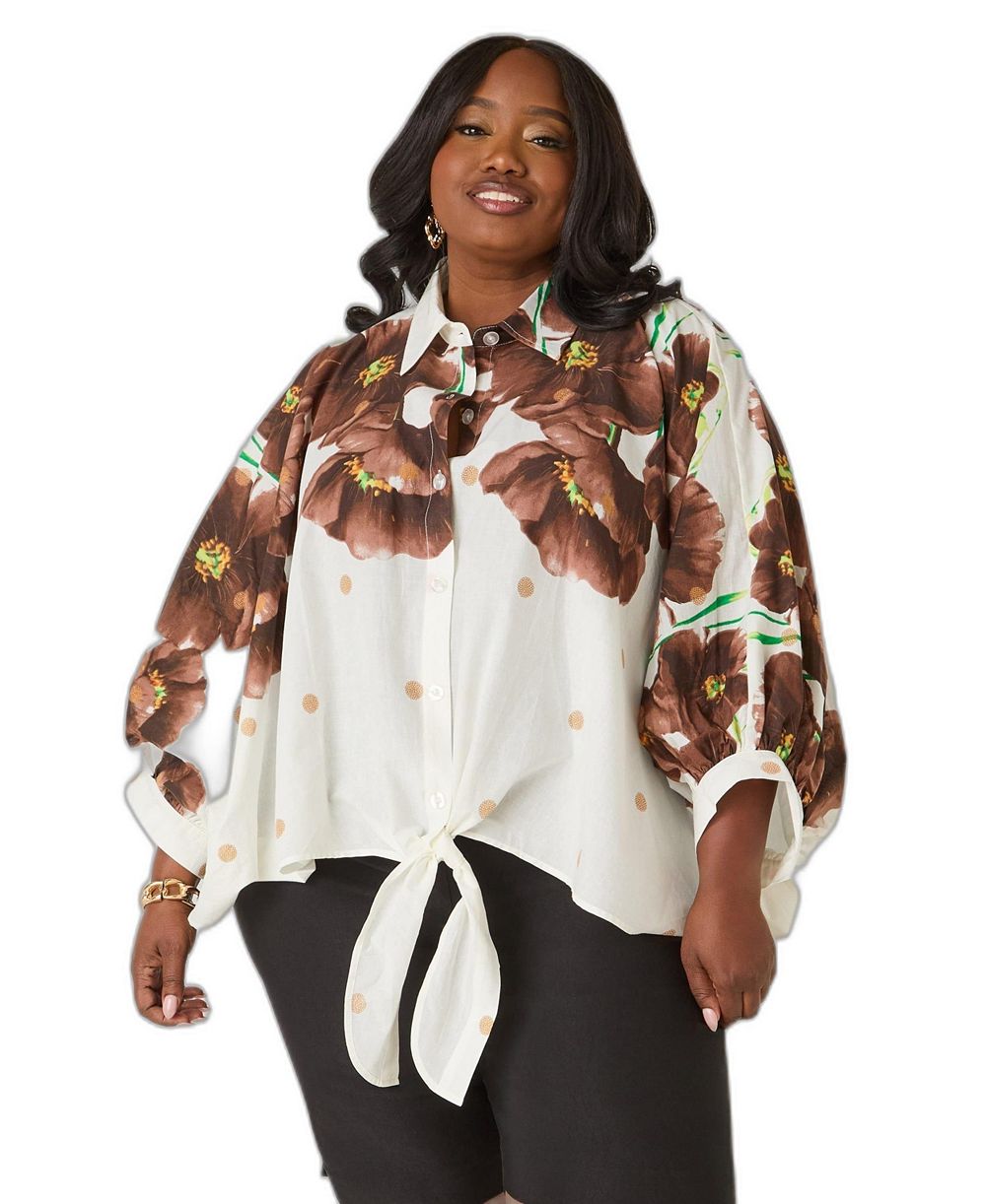 Ashley Stewart Plus Size Tie-Front Floral Short-Sleeve Shirt