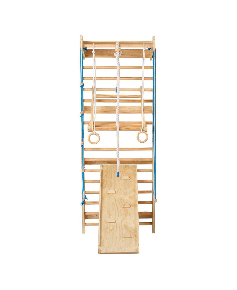 Slickblue 8 in 1 Wooden Wall Gym Ladder with Swing and Climbing Accessories, 220 lbs Capacity, Ages 3-10