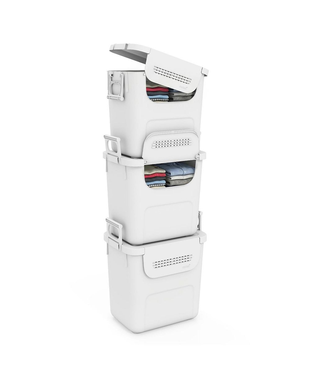 Volenca 3-Piece Stackable Plastic Storage Bins with Stay-Open Lids and Wheels