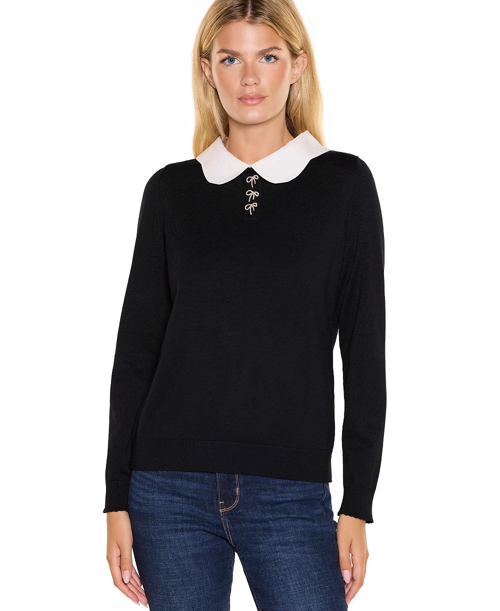 Belldini Women's Scalloped Woven Collar Keyhole-Back Rayon-Blend Pullover