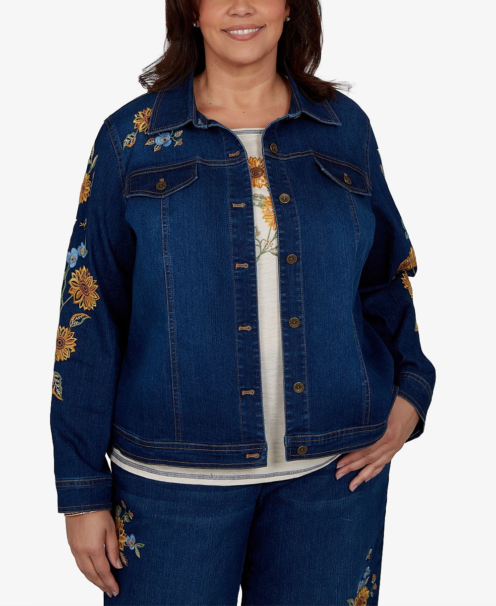 Alfred Dunner Plus Size джинсовая куртка с цветочной вышивкой