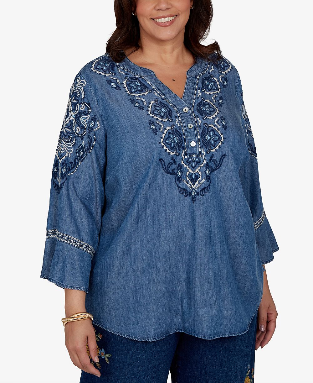 Alfred Dunner Plus Size Embroidered Henley Denim Blouse