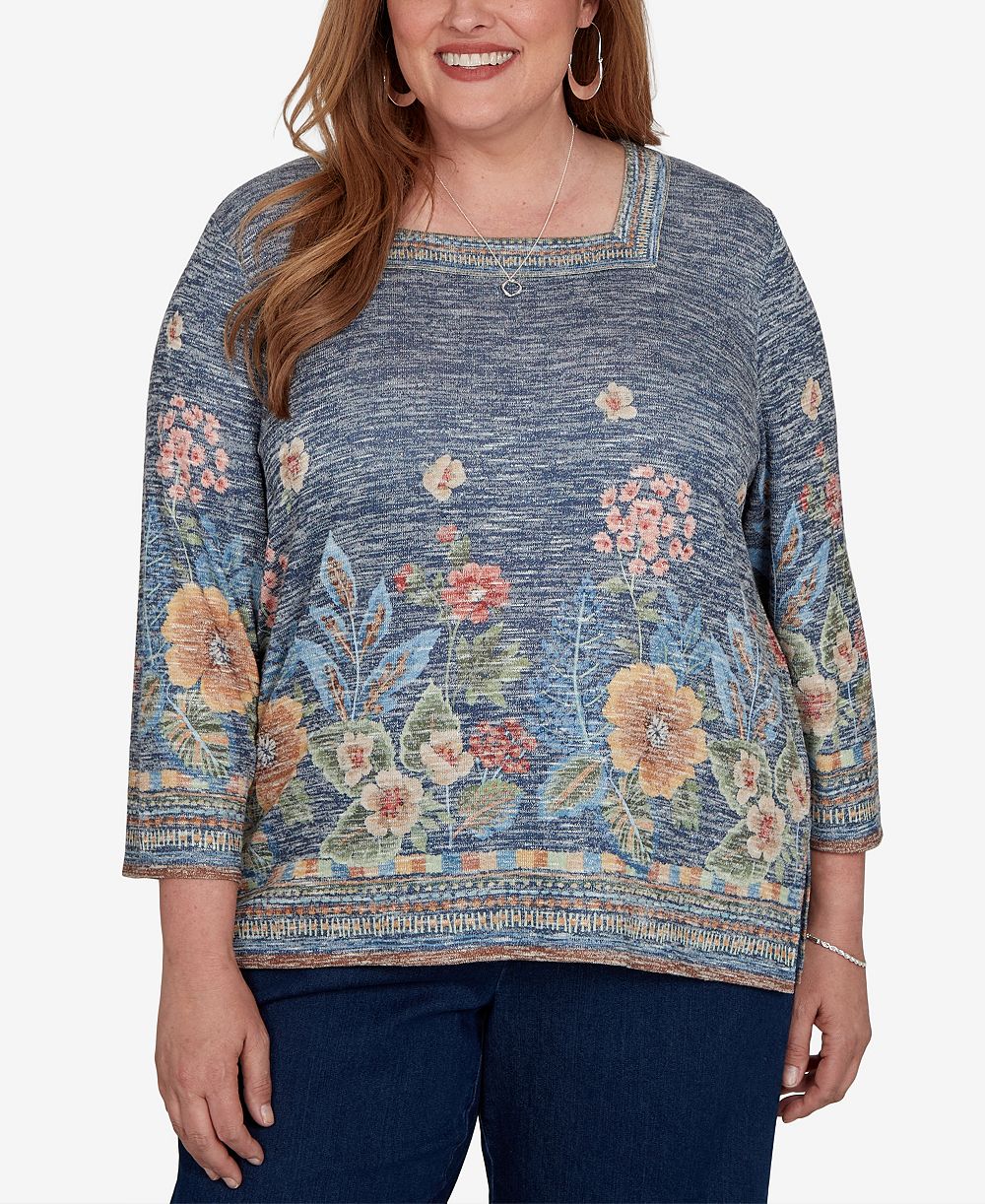 Женский топ Alfred Dunner Plus Size с цветочным принтом и рукавом 3/4 и квадратным вырезом