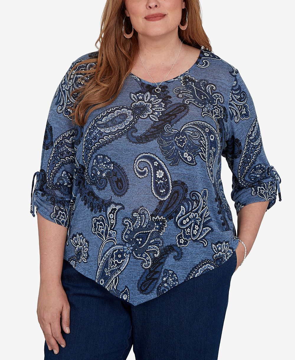 Alfred Dunner Plus Size блузка с V-образным вырезом, рукавом 3/4 и асимметричным подолом