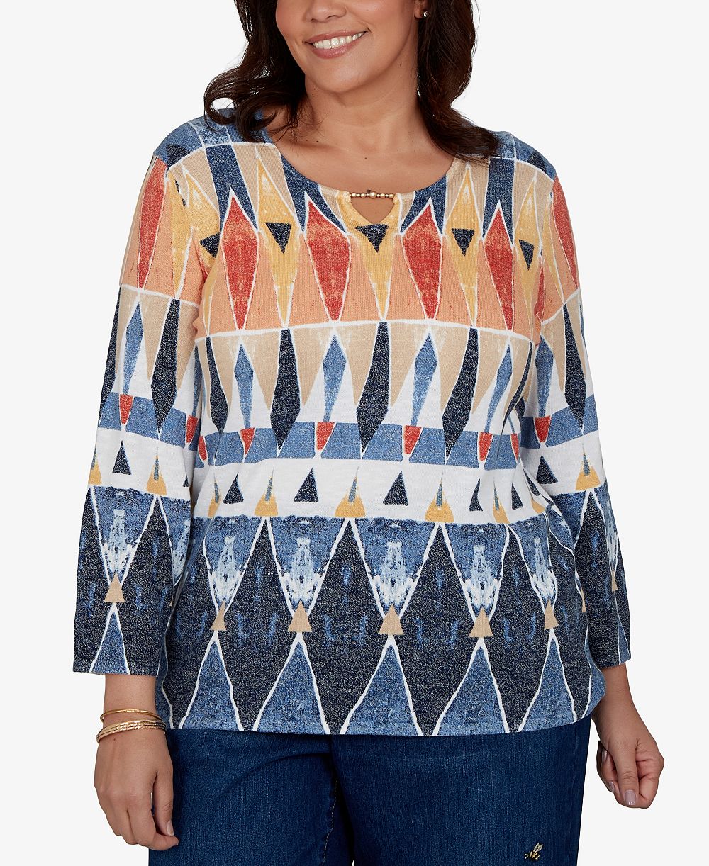 Alfred Dunner Plus Size 3/4-Sleeve Geometric-Print Keyhole Pullover Sweater
