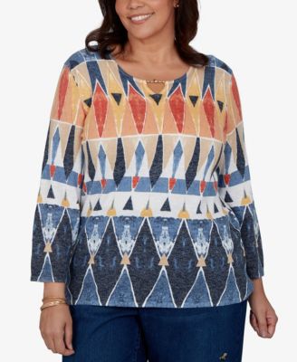 Alfred Dunner Plus Size 3/4-Sleeve Geometric-Print Keyhole Pullover Sweater
