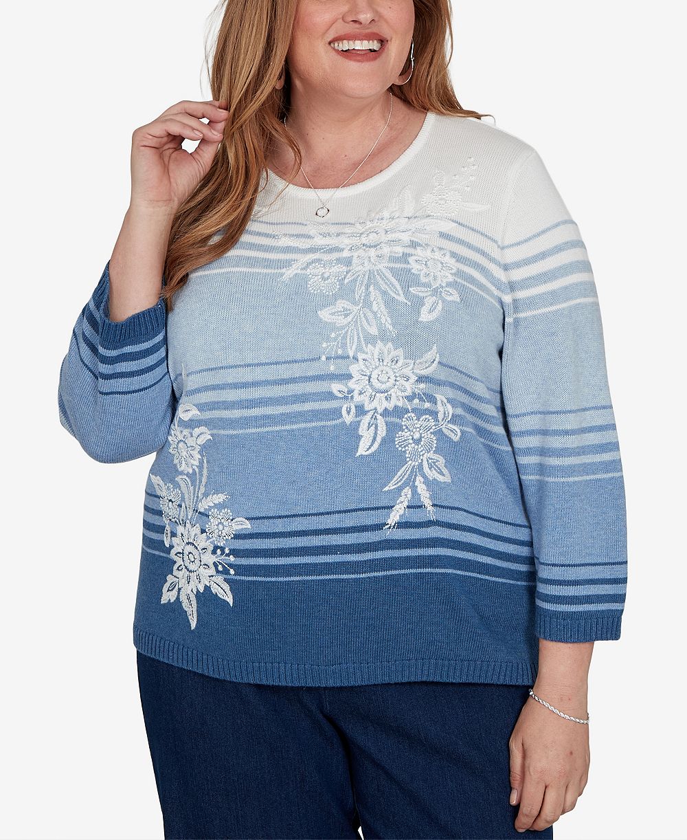 Alfred Dunner Plus Size Floral Embroidery 3/4-Length Crewneck Pullover Sweater