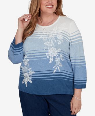 Alfred Dunner Plus Size Floral Embroidery 3/4-Length Crewneck Pullover Sweater
