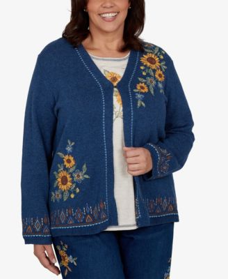 Alfred Dunner Plus Size кардиган из смесового хлопка с V-образным вырезом и цветочной вышивкой
