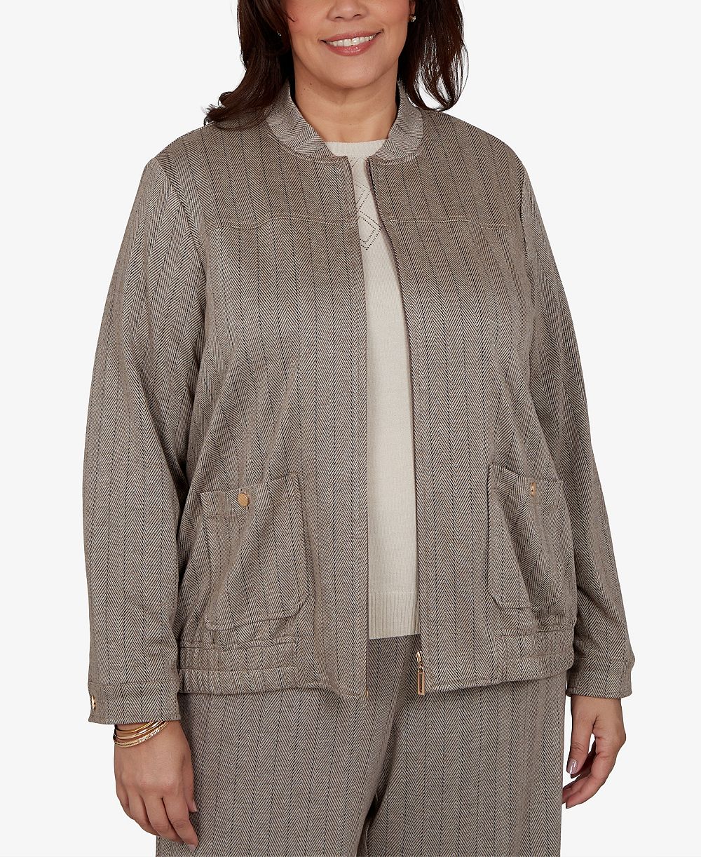 Alfred Dunner Plus Size Striped Mandarin Collar Bomber Jacket
