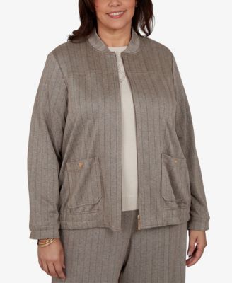 Alfred Dunner Plus Size Striped Mandarin Collar Bomber Jacket