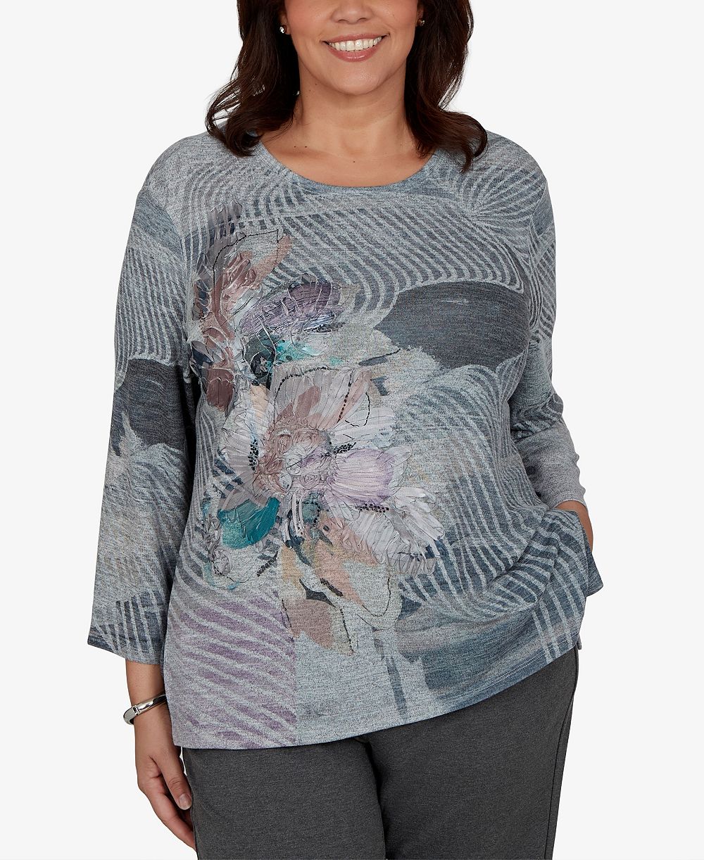 Alfred Dunner Plus Size футболка с цветочным принтом и рукавом 3/4