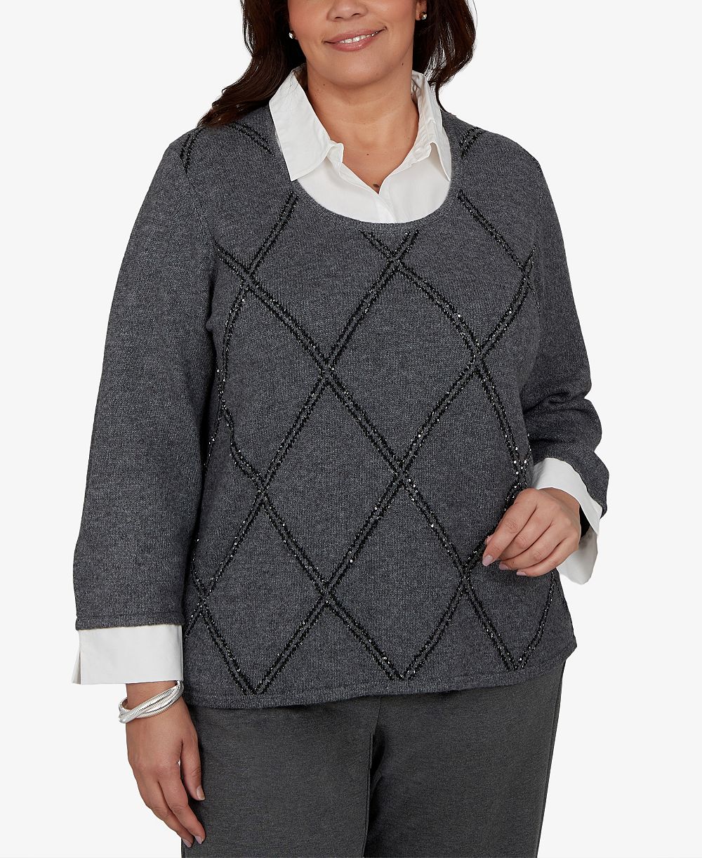 Alfred Dunner Plus Size Sequin 3/4-Length Sleeve Sweater