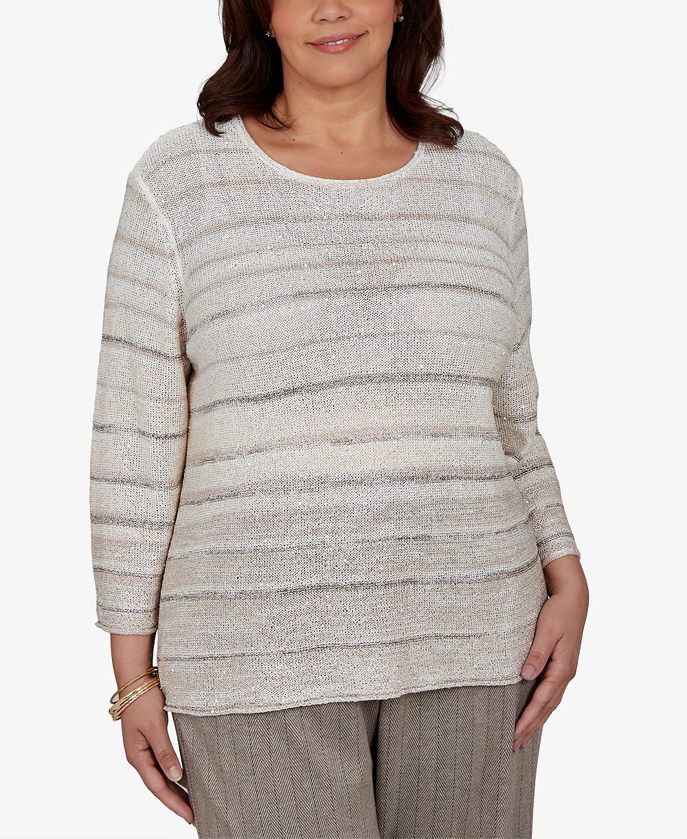Alfred Dunner Plus Size Crew Neck 3/4-Sleeve Striped Sweater