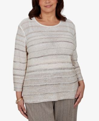 Alfred Dunner Plus Size Crew Neck 3/4-Sleeve Striped Sweater