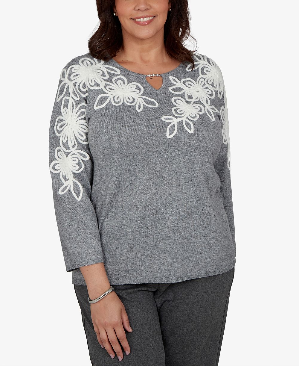 Женский джемпер Alfred Dunner Plus Size 3/4-Sleeve Keyhole Neck Floral Embroidery