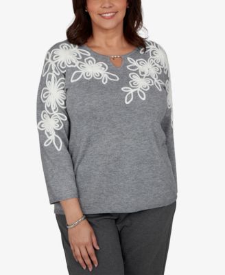 Женский джемпер Alfred Dunner Plus Size 3/4-Sleeve Keyhole Neck Floral Embroidery